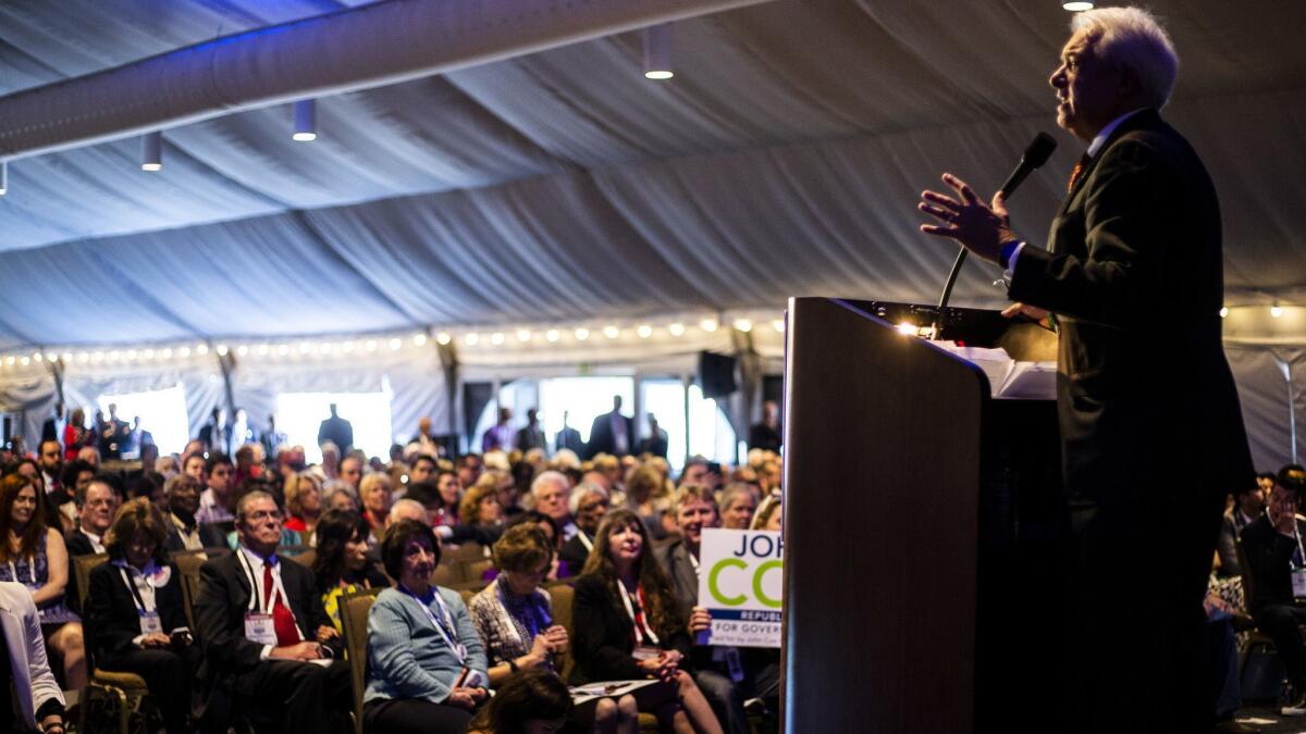 Republican candidate John Cox speaks to delegates at the state GOP convention Saturday in San Diego.