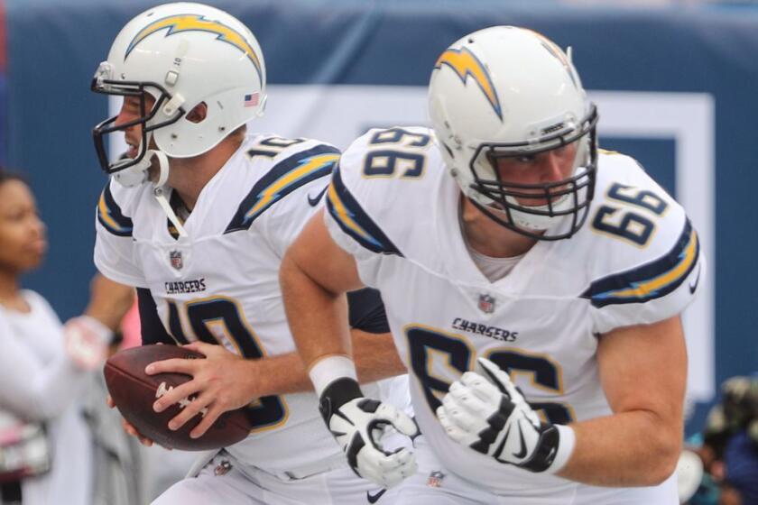 Los Angeles Chargers offensive guard Dan Feeney (66) and Los Angeles Chargers quarterback Kellen Clemens (10) warmup for their game after the game before an NFL football game Sunday, Oct. 8, 2017, in East Rutherford, NJ. The Chargers won 27-22. (Ed Mulholland/AP Images for Panini)