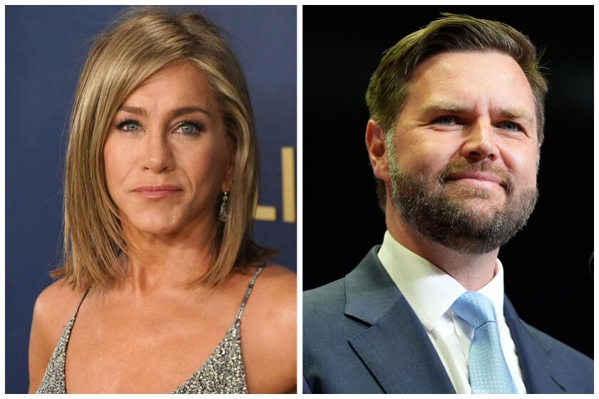 A collage showing actor Jennifer Aniston and author-politician J.D. Vance