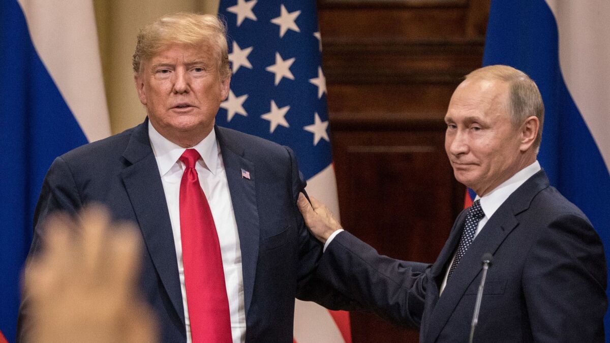 President Trump and Russian President Vladimir Putin at a joint news conference after their summit on July 16, 2018, in Helsinki, Finland.