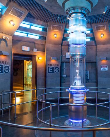 A futuristic set design is part of the queue for Transformers: The Ride 3-D