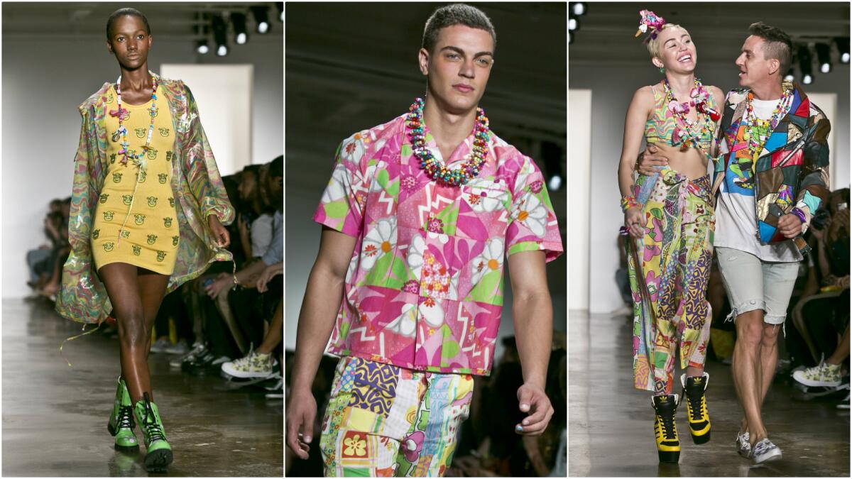 Looks from the Jeremy Scott spring and summer 2015 runway show, left and center, and Miley Cyrus with Scott on the runway at the end of Wednesday's show.