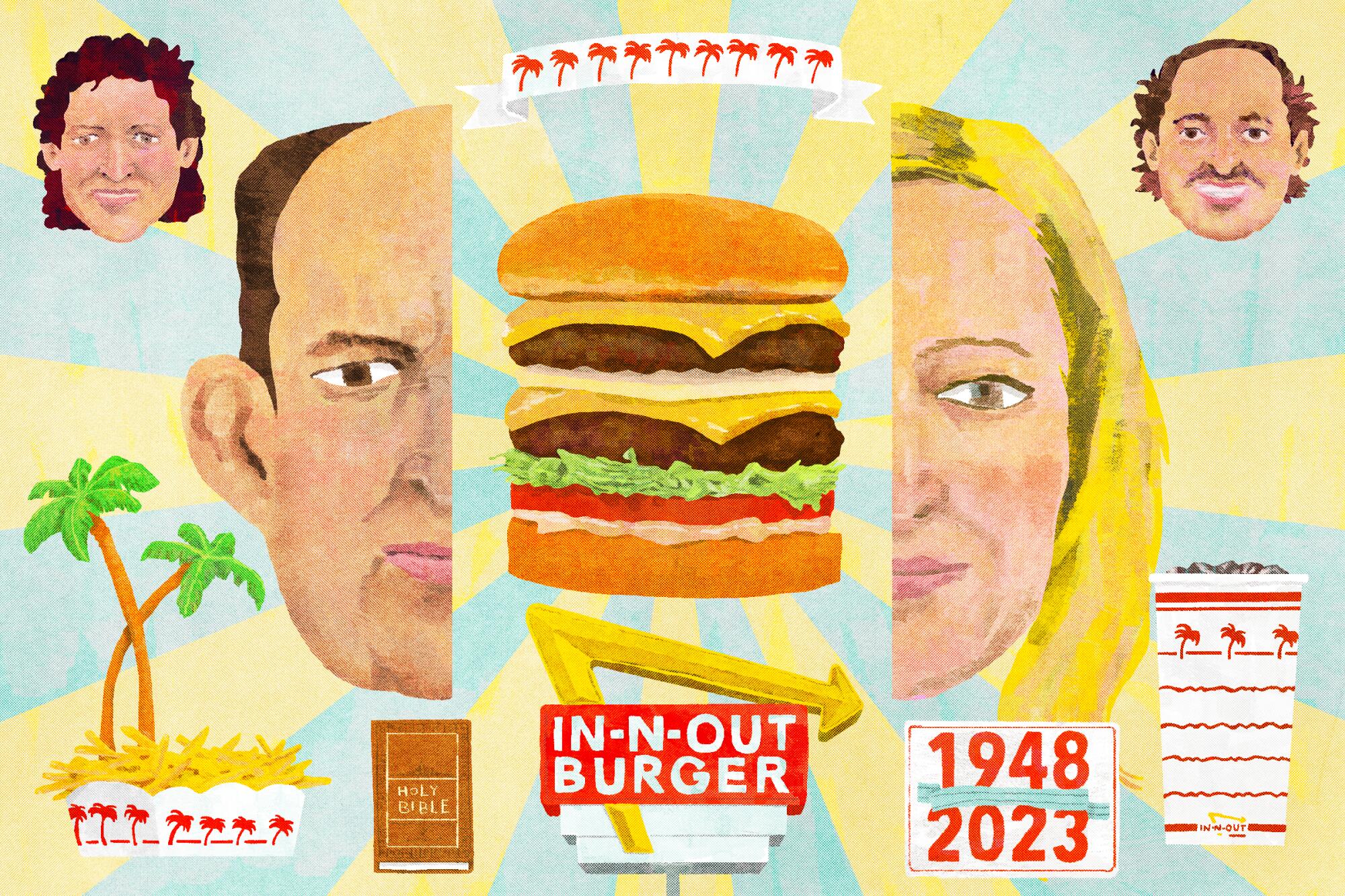 Illustration of In-n-Out burger surrounded by its founder and CEOs