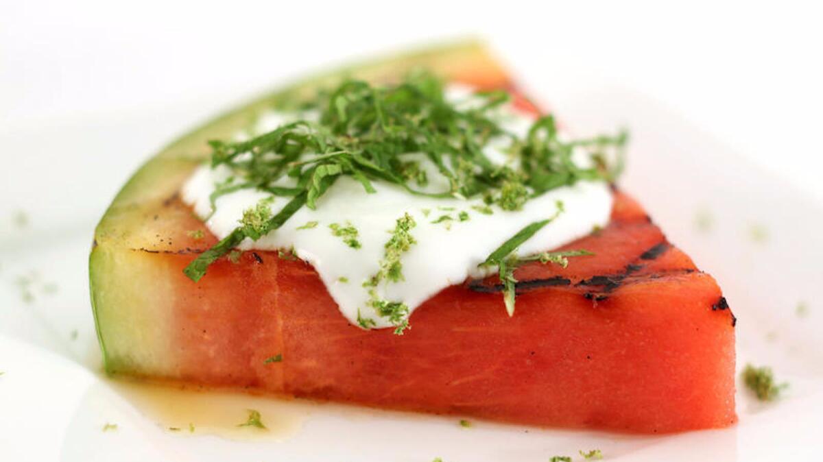 Grilled watermelon with mint, lime, honey and yogurt
