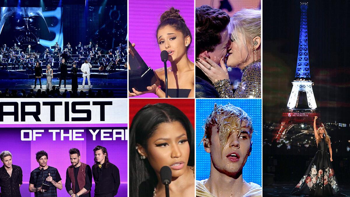 A "Star Wars" concert, Ariana Grande, a passionate kiss between Charlie Puth and Meghan Trainor, emotional tributes by Jared Leto and Celin Dion, Justin Bieber's water ballet, Nicki Minaj, and artist of the year One Direction were the talk of the American Music Awards.