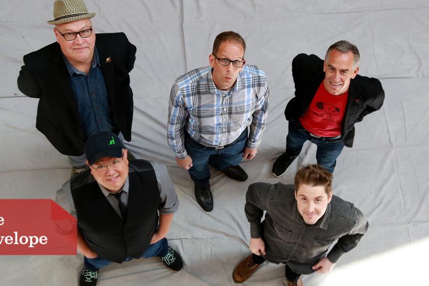 An animated gathering with, clockwise from top left, directors Richard Starzak, Pete Docter, Steve Martino, Duke Johnson and Peter Sohn.