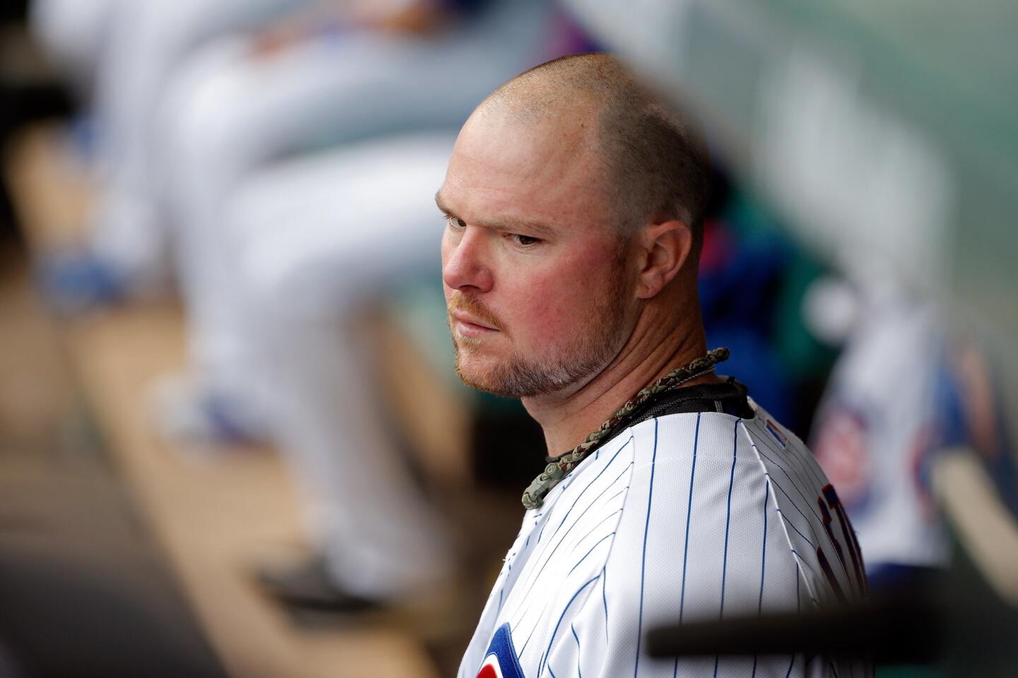 Jon Lester in the the dugout after being relieved during the fifth inning.