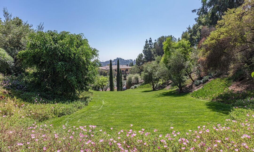 The lawn has trees and views.