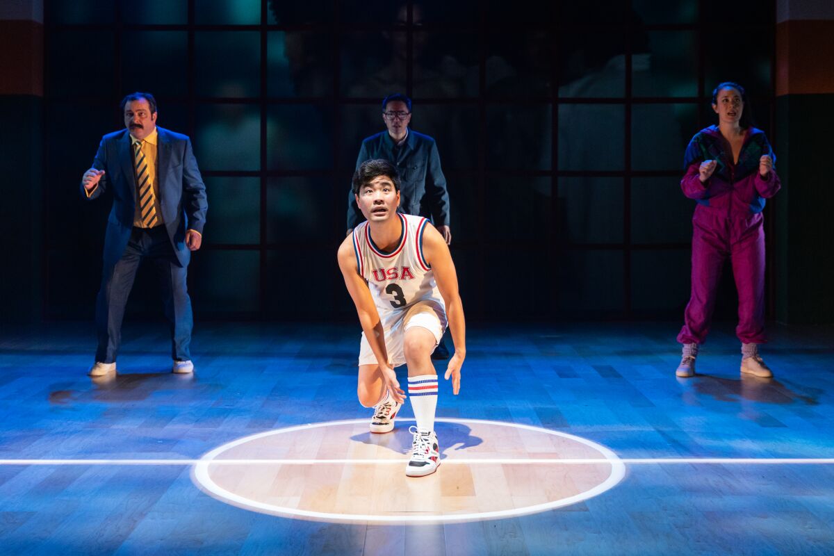 Scott Keiji Takeda (front) with Manny Fernandes, Edward Chen and Keiko Green (rear, left to right) in Cygnet Theatre's "The Great Leap."
