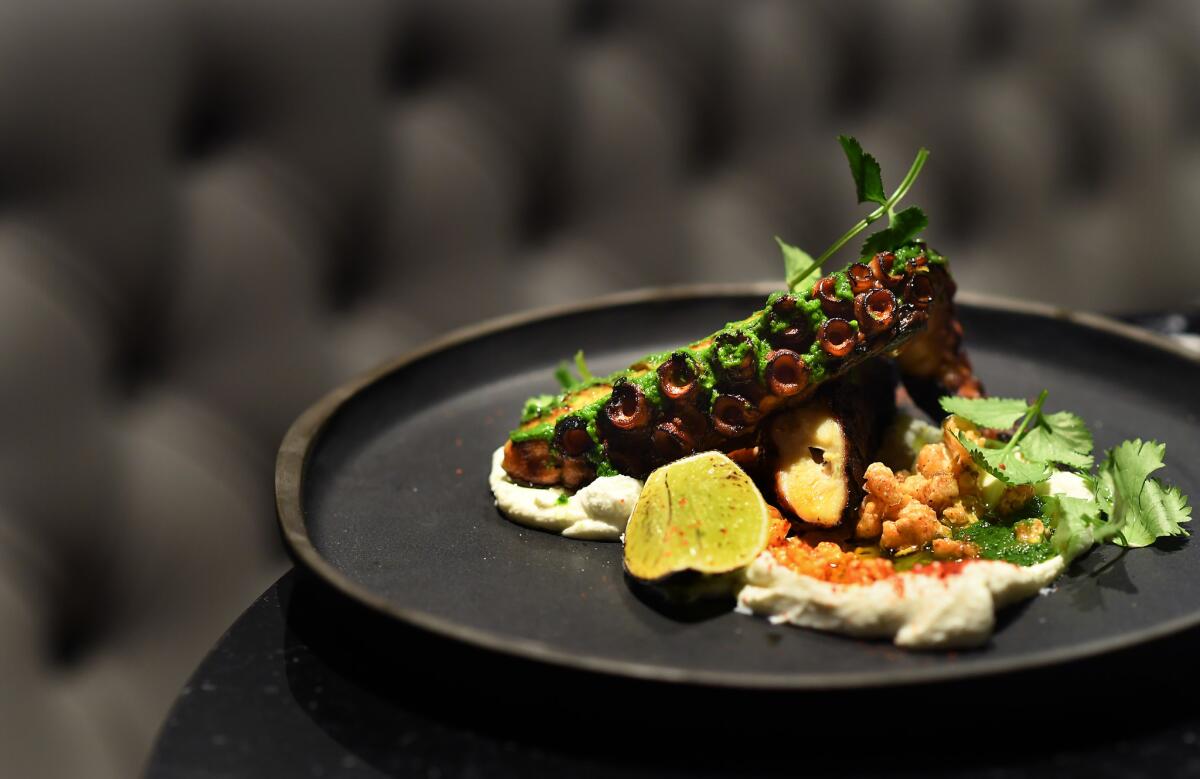 The Spanish octopus dish with crispy hominy, smoked yogurt, sauce vert and cilantro at Native.