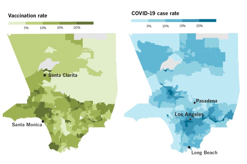 Two maps showing COVID-19 vaccination and case rates in Los Angeles County