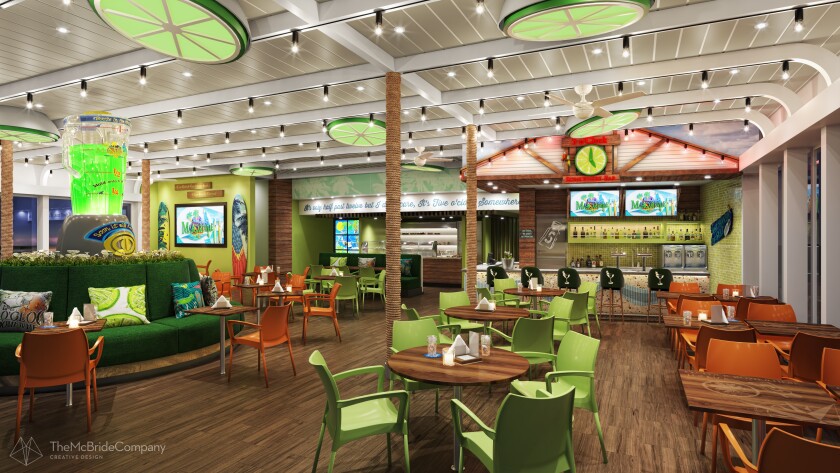 The lounge area of the 5 o'Clock Somewhere Bar on the Margaritaville at Sea Paradise cruise ship.