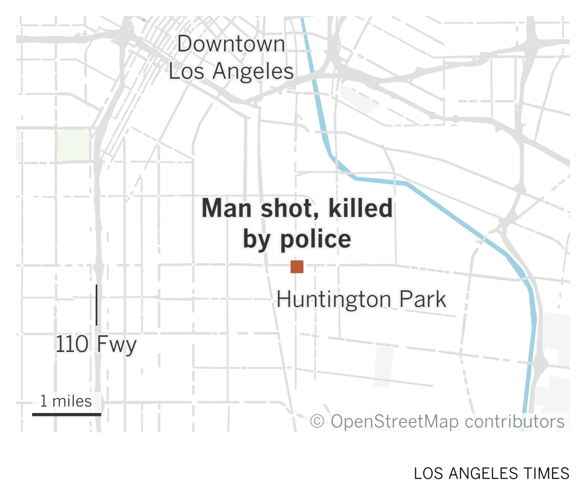 A map of southeast Los Angeles shows where a man was shot and killed by police