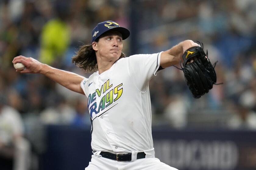 Tampa Bay Rays pitcher Tyler Glasnow throws against the Texas Rangers in a playoff game on Oct. 3, 2023.