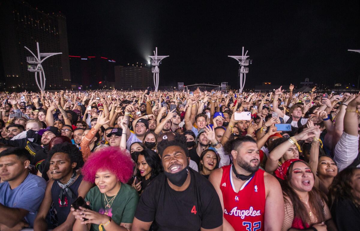 Fans watch YG perform at the Day N Vegas festival.
