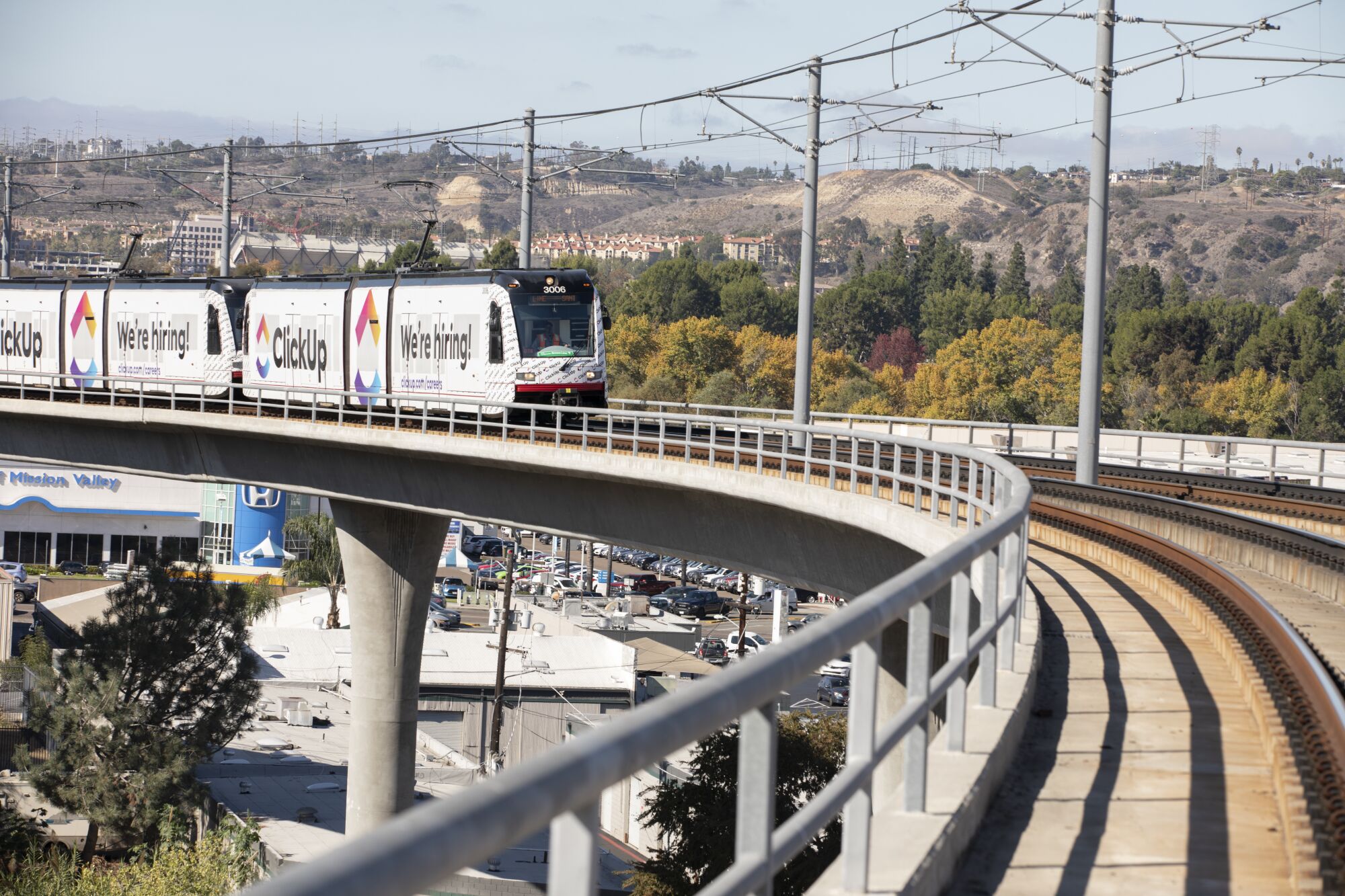 The San Diego Trolley's green line arrives to the Grantville station on Wednesday, Nov. 10, 2021 in San Diego, California.