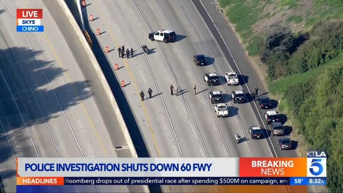 Authorities closed part of the 60 Freeway in Chino on Wednesday morning.
