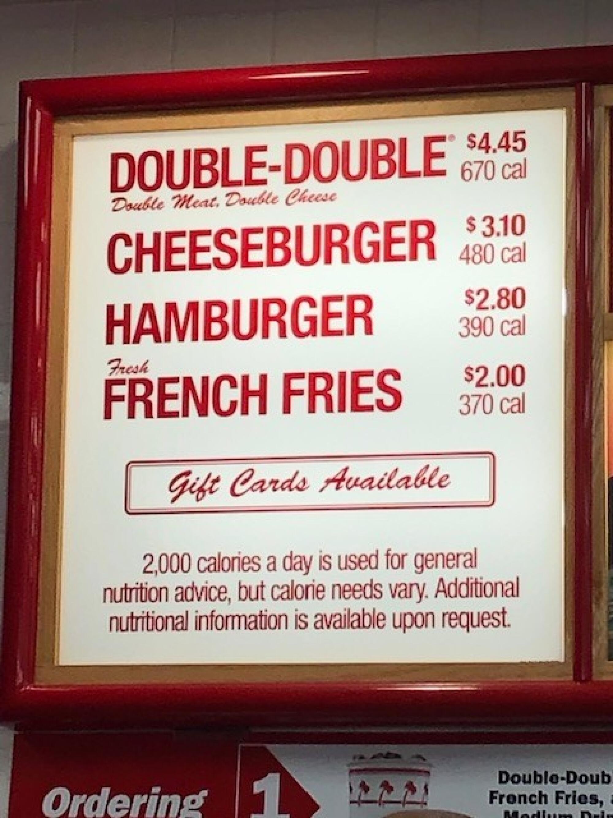 The classic In-N-Out menu.