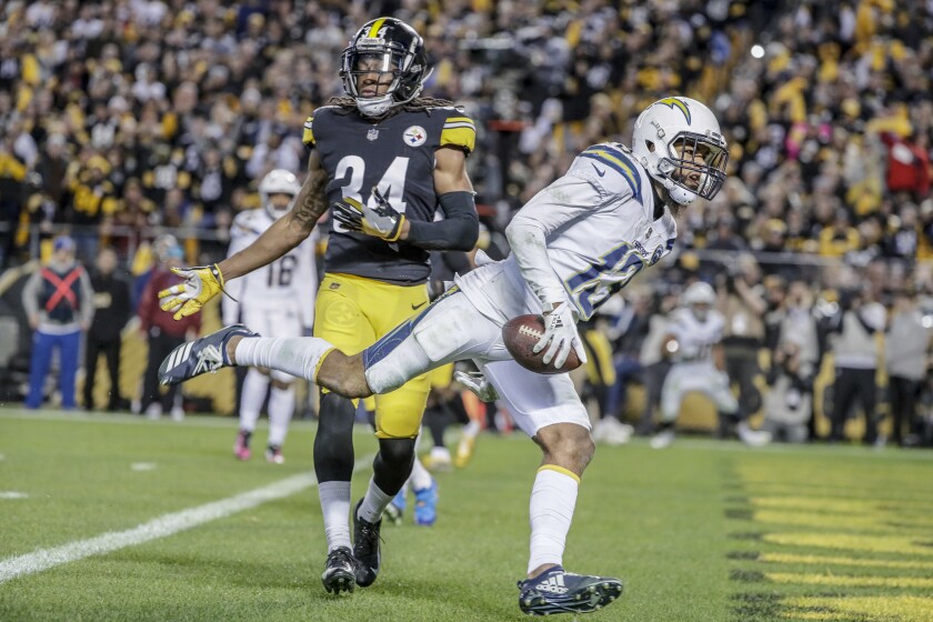 Chargers receive Keenan Allen scores a two point conversion to tie the game at 23 in the fourth quarter on Sunday in Pittsburgh.