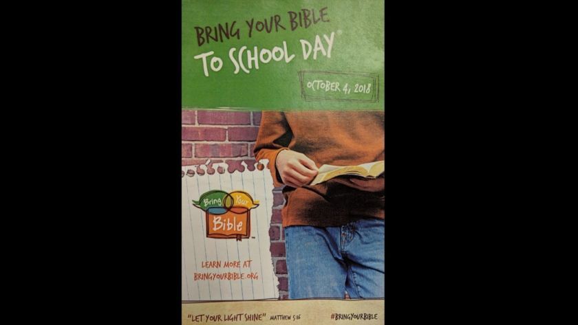 A flier shows a child holding an open bible with a verse from Matthew 5:16: "Let your light shine."