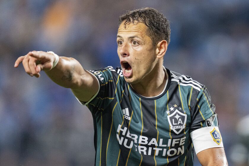 FILE - Los Angeles Galaxy forward Javier “Chicharito” Hernández reacts during the second half of an MLS soccer match against the Charlotte FC in Charlotte, N.C., Saturday, March 5, 2022. Hernández has torn a ligament in his right knee, the team confirmed Friday, June 9, 2023. (AP Photo/Jacob Kupferman, File)