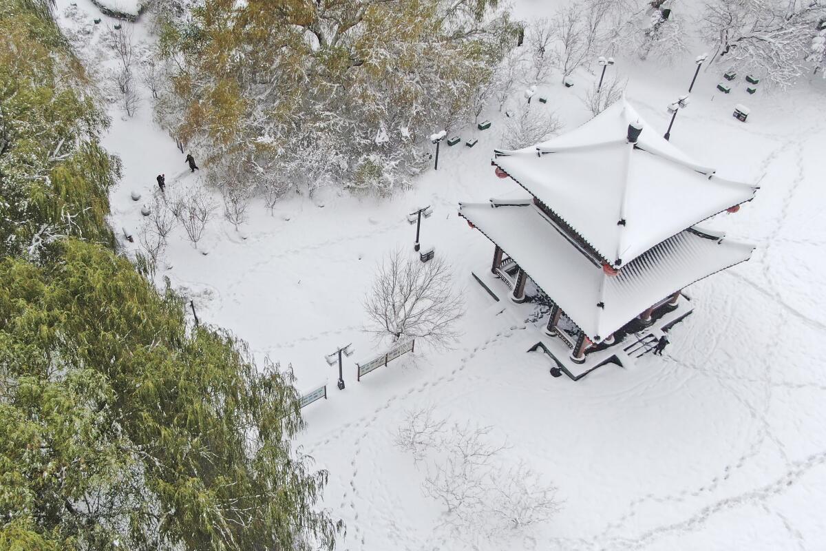 In this photo released by Xinhua News Agency, a snow covered pavilion is seen in an aerial photo at a park in Heping District in Shenyang, northeastern China's Liaoning Province on Nov. 9, 2021. (Yang Qing/Xinhua via AP)