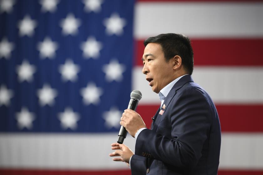 DES MOINES, IA - AUGUST 10: Democratic presidential candidate Andrew Yang speaks during a forum on gun safety at the Iowa Events Center on August 10, 2019 in Des Moines, Iowa. The event was hosted by Everytown for Gun Safety. (Photo by Stephen Maturen/Getty Images)