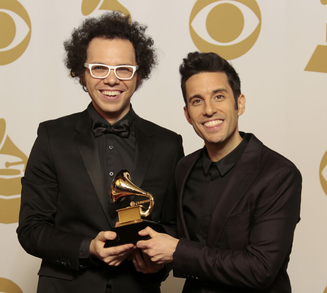 Ian Axel, left, and Chad Vaccariao win best pop duo/group performance for "Say Something" (A Great Big World with Christina Aguilera).