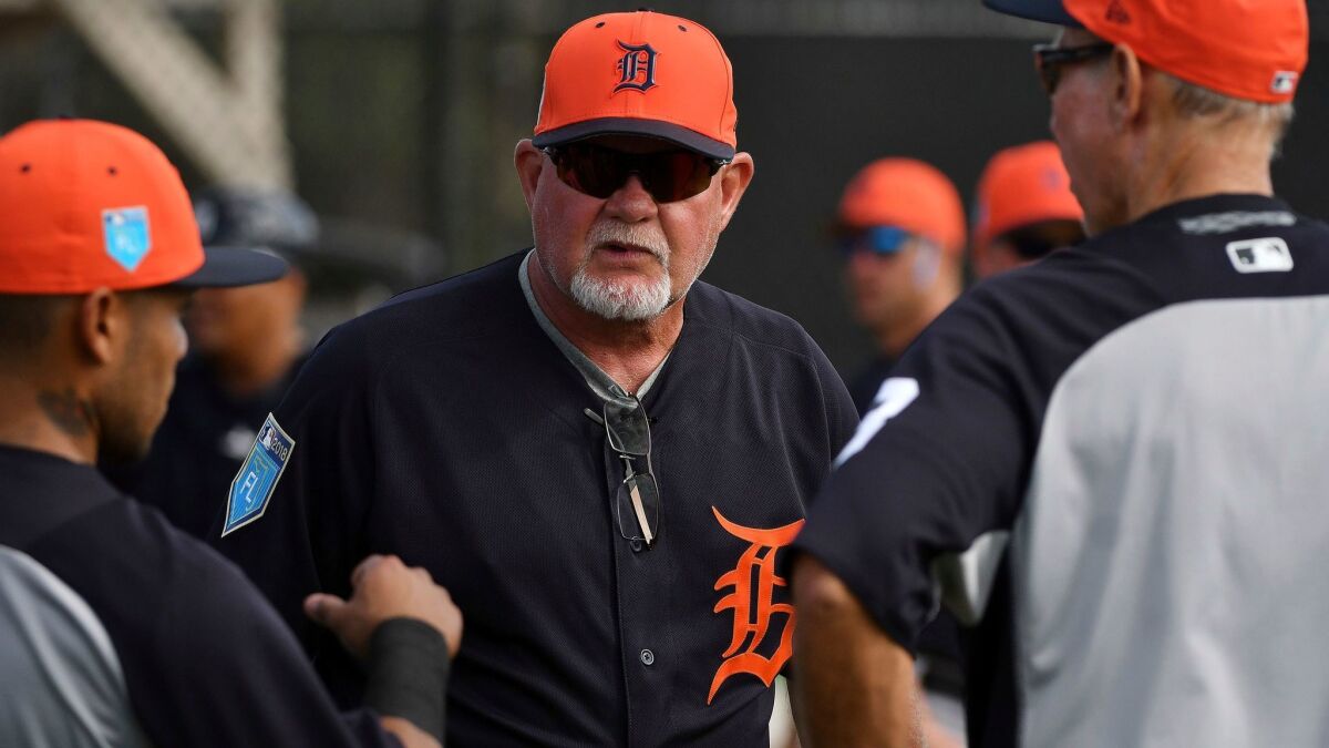 Detroit Tigers manager Ron Gardenhire is seen at the start of infield drills during spring training baseball at the practice fields in Lakeland, Fla. on Monday, Feb. 19, 2018.