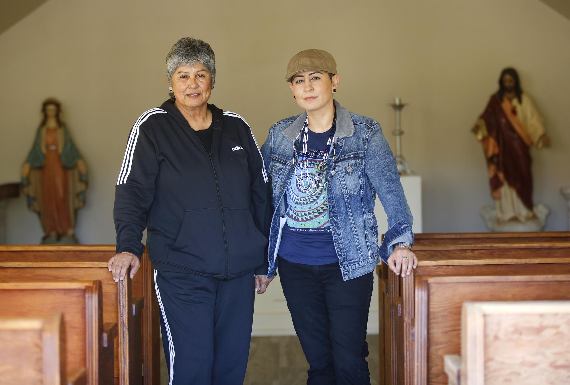 Jamul Indian Village Chairwoman Erica M. Pinto, right, and her mother and tribal historian Carlene A. Chamberlain are shown here at the chapel on the Jamul Indian Reservation on April 15, 2020.