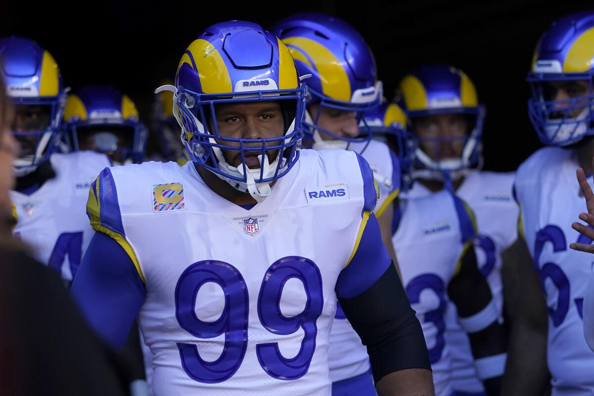 Rams defensive tackle Aaron Donald walks onto the field before a loss to the San Francisco 49ers.