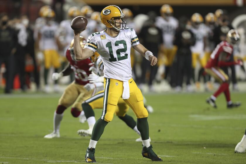 Green Bay Packers quarterback Aaron Rodgers (12) against the San Francisco 49ers during the first half of an NFL football game in Santa Clara, Calif., Thursday, Nov. 5, 2020. (AP Photo/Jed Jacobsohn)