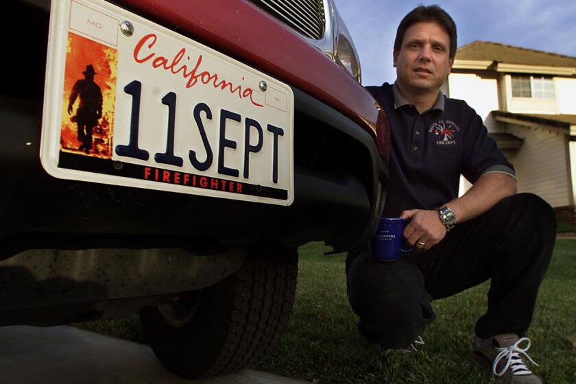 Los Angeles County firefighter Robert Yellen is among drivers who ordered custom license plates after the terrorist attacks.