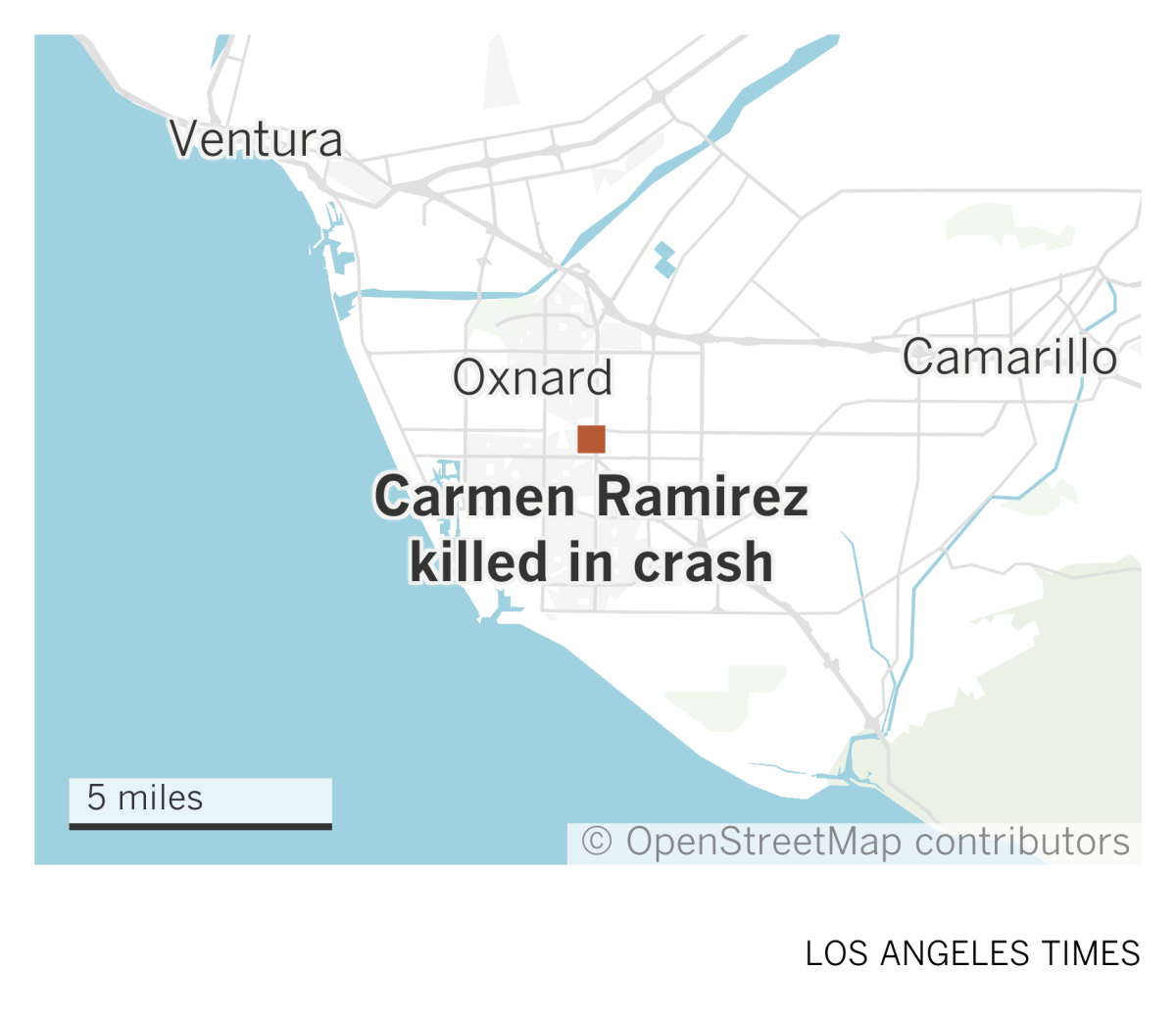 A map of coastal Ventura County shows where Carmen Ramirez was killed in a crash in downtown Oxnard
