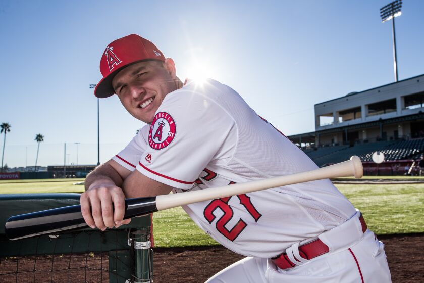 TEMPE, AZ - FEBRUARY 21: Mike Trout of the Los Angeles Angels of Anaheim poses for a portrait during Angels Photo Day at Tempe Diablo Stadium on February 21, 2017 in Tempe, Arizona. (Photo by Rob Tringali/Getty Images)