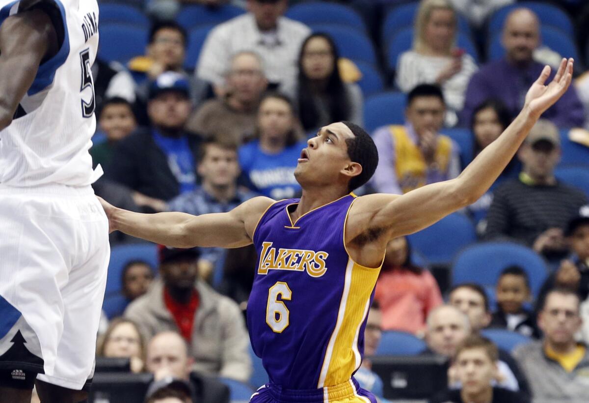 Lakers point guard Jordan Clarkson watches the result of his shot during the first quarter Wednesday at Minnesota.