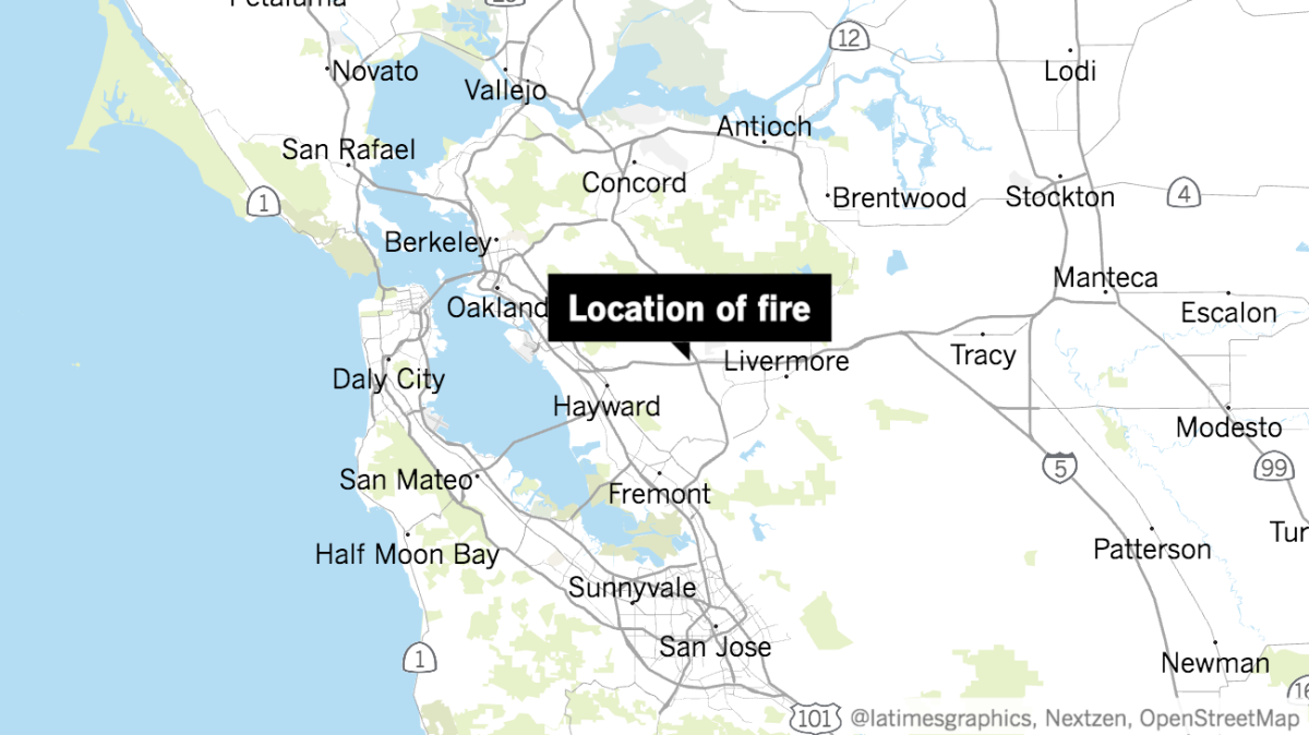 A map shows the location of a fire that broke out in Dublin in Northern California.