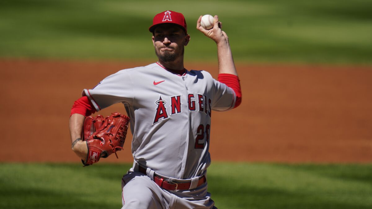 Angels pitcher Andrew Heaney gets ready to throw.