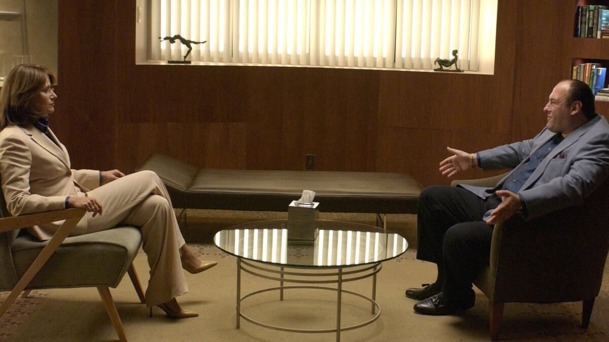 Dr. Jennifer Melfi (Lorraine Bracco) counsels Tony Soprano (James Gandolfini) in "The Sopranos."