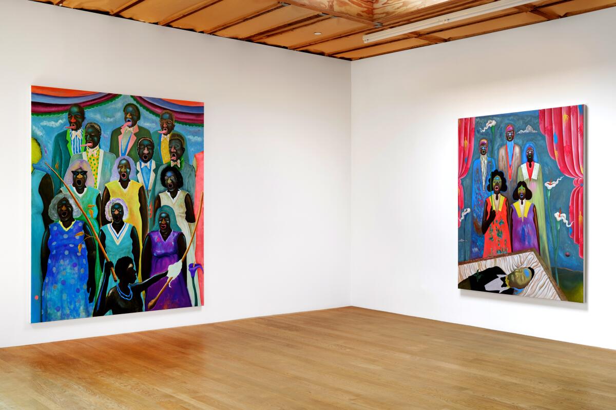 A gallery space with bright portrait paintings of choirs.