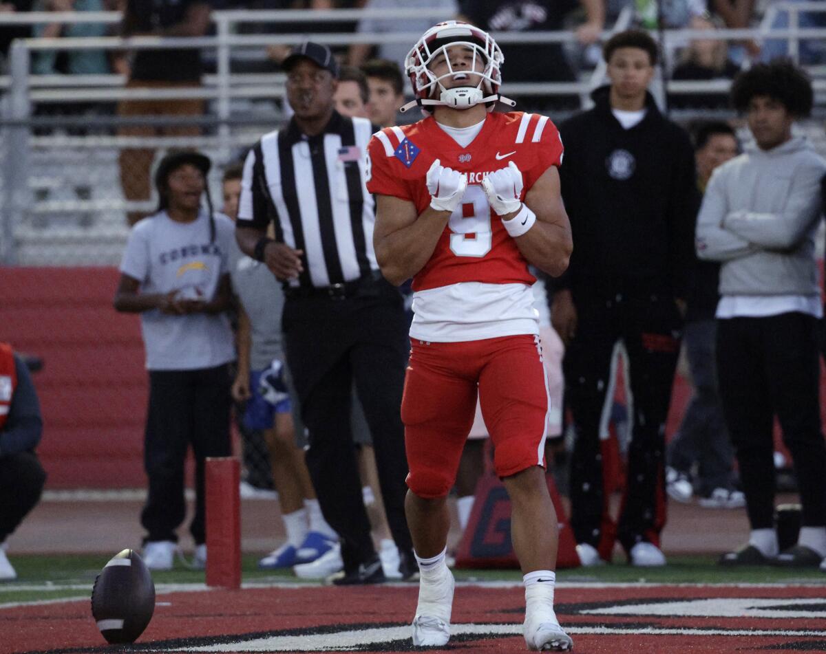 CORONA, CA - AUGUST 18: Mater Dei wide receiver Marcus Brown reacts after scoring.