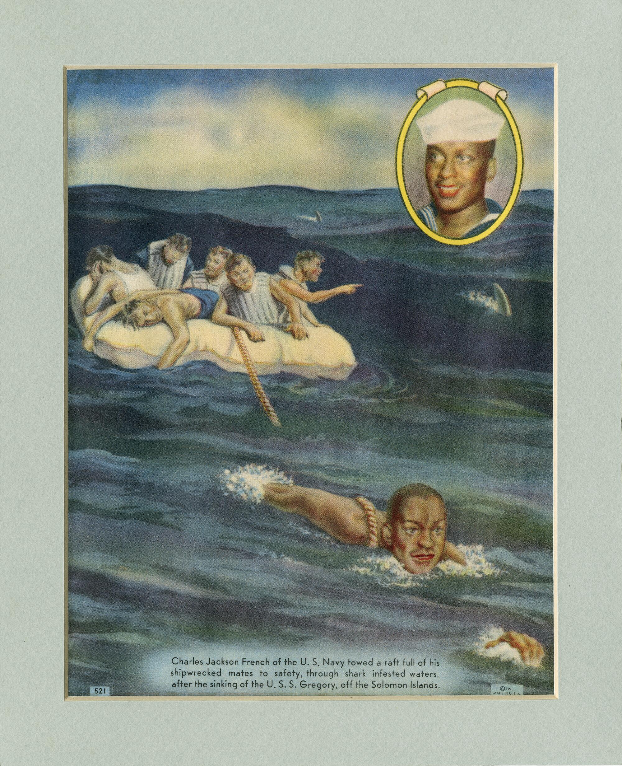 Illustration of a Black Navy sailor towing a raft of shipwrecked mates in the water while sharks swam nearby.