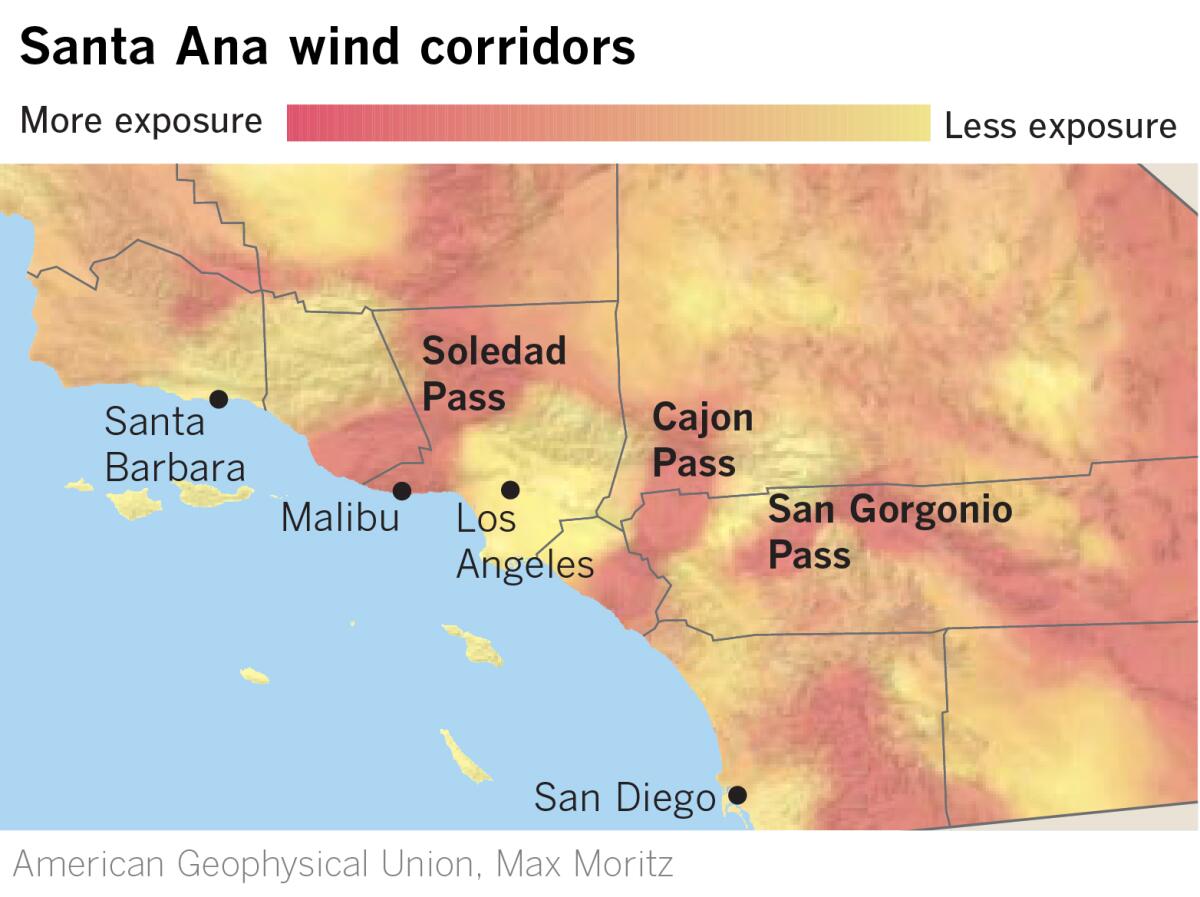 Map showing Santa Ana wind corridors