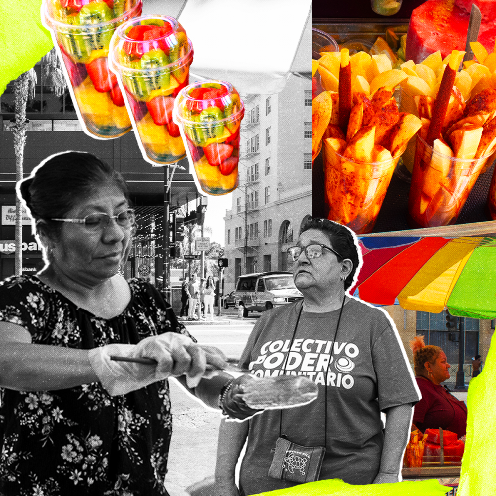 Collage of photos of street vendors and food 