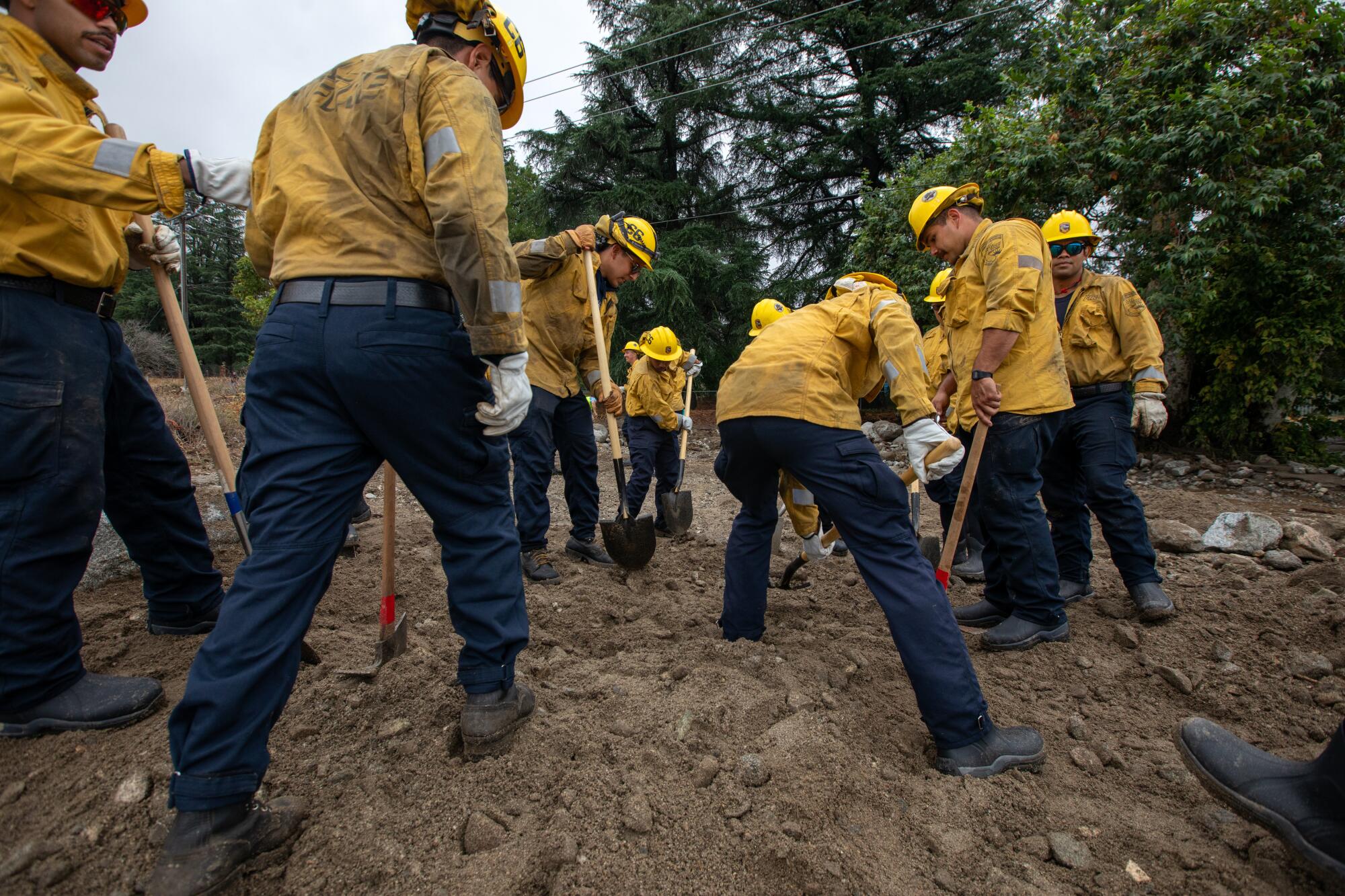 A group of men in blue pants, yellow shirts and hard hats shovel mud.