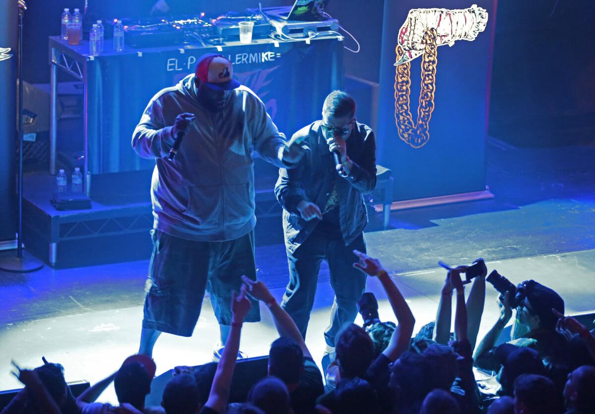 Killer Mike, left, and El-P of Run the Jewels in a Jan. 14 performance at the Regent in L.A.