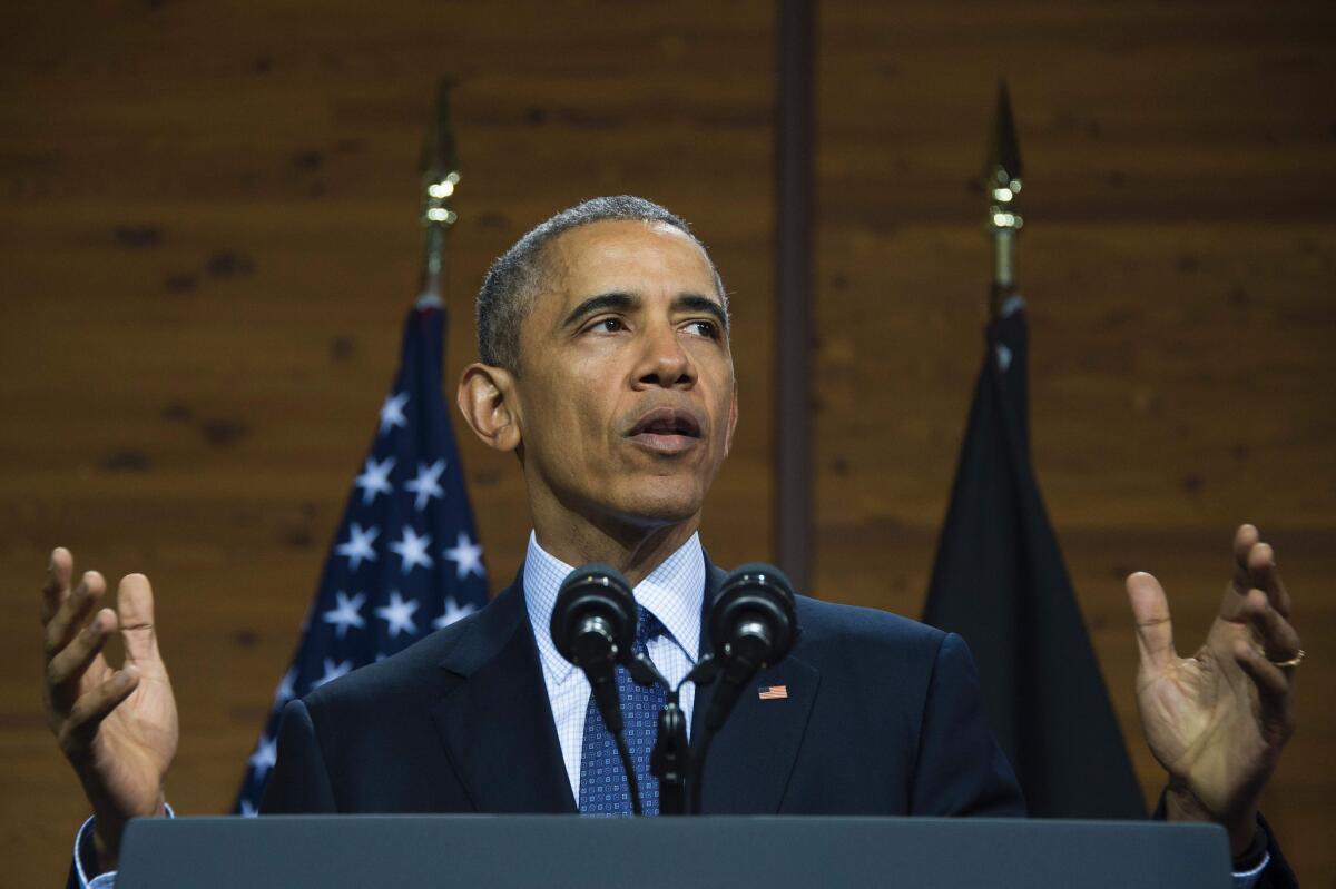 President Obama speaks at the Hanover Fair trade show Sunday in Germany.