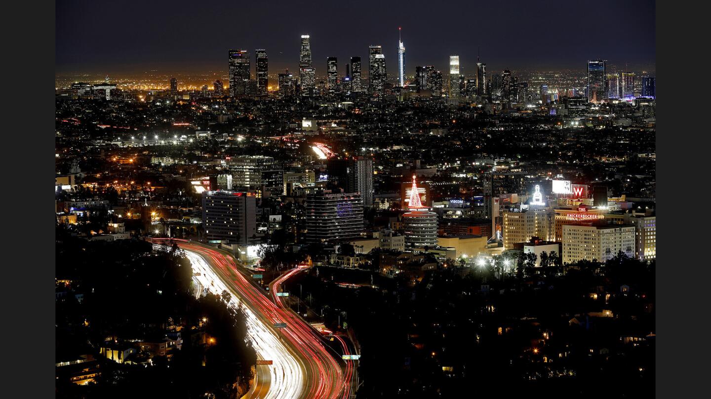 The Los Angeles skyline from Mulholland Scenic Overlook on Thanksgiving Eve in Los Angeles.