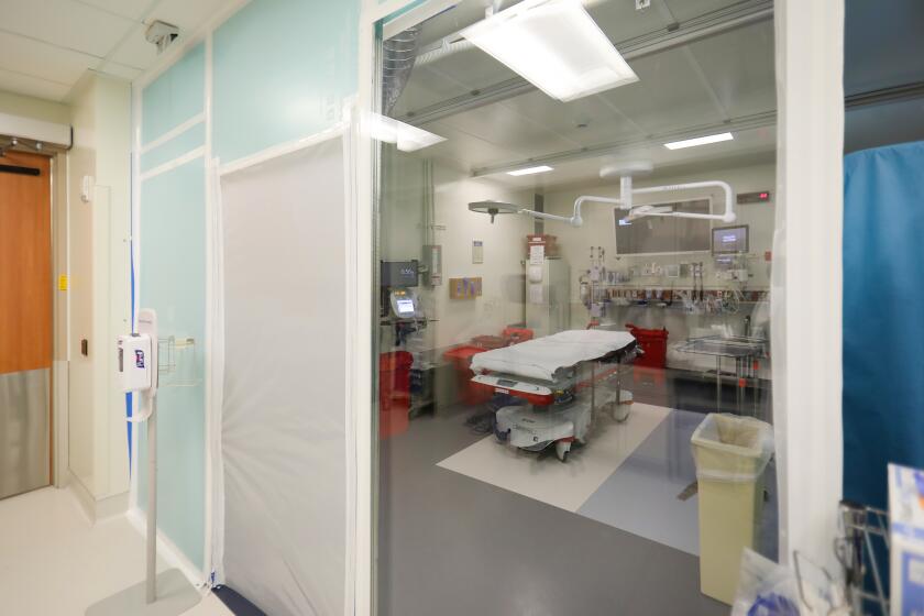 The acute resuscitation room with negative pressure, for heart attack, stroke, cardiac patients, in the Emergency Department at Scripps Memorial Hospital in La Jolla, March 24, 2020 in San Diego, California. Until the patient is determined not to have the COVID-19 virus, they stay in the negative pressure room.
