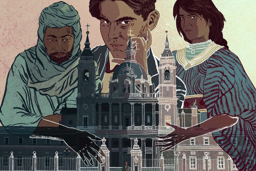 Spanish poet, playwright, and theatre director, Federico García Lorca, is pictured in the middle, surrounded by 'ghosts' of people colonised under Spain. Illustration to go with story that looks at how Spanish literature animates the ghosts of its embattled history. Illustration by Cat ONeil For the Times